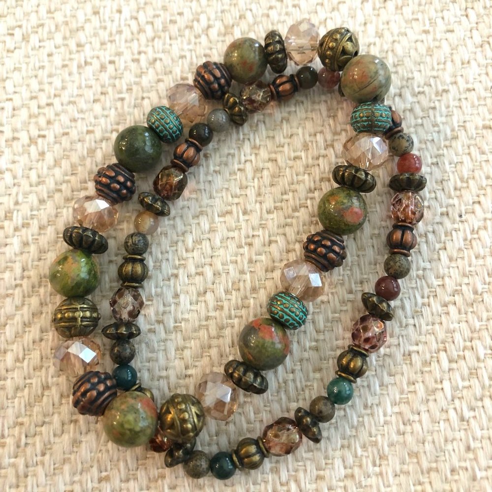 Pair of 2 Jasper and Agate Stretch Bracelets-Handmade New